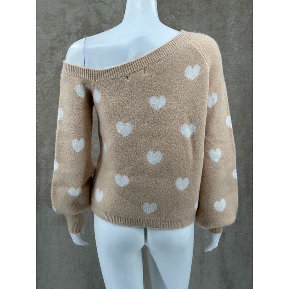 Lovers + Friends Sweater Womens Small Tan Cream Hearts Knit One Shoulder Plush - Picture 5 of 10